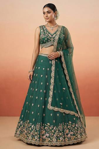 Women's Green Chinnon Silk Motif with Sequince Embroidered Lehenga Choli with Dupatta