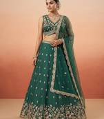 Women's Green Chinnon Silk Motif with Sequince Embroidered Lehenga Choli with Dupatta