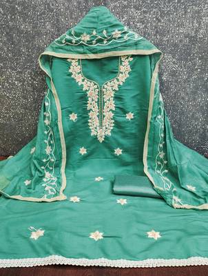 sea green embroidered roman silk pv chanderi unstitched dress material  2