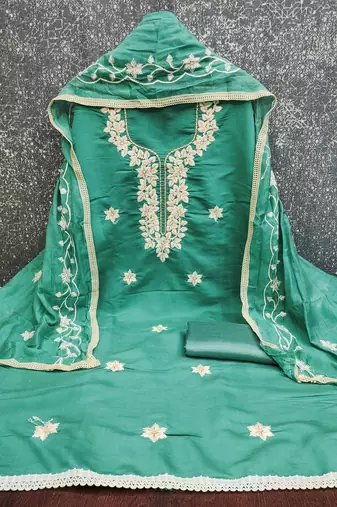 sea green embroidered roman silk pv chanderi unstitched dress material 