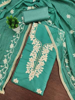 sea green embroidered roman silk pv chanderi unstitched dress material  3