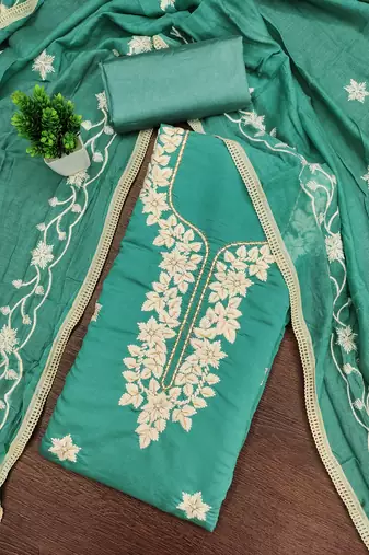 sea green embroidered roman silk pv chanderi unstitched dress material 