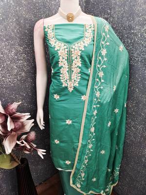 sea green embroidered roman silk pv chanderi unstitched dress material  4