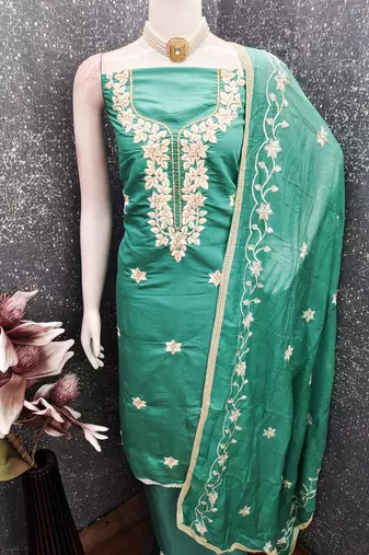 sea green embroidered roman silk pv chanderi unstitched dress material 