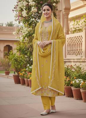yellow embroidered glaze cotton unstitched dress material  1