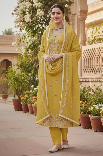 yellow embroidered glaze cotton unstitched dress material 