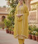 yellow embroidered glaze cotton unstitched dress material 