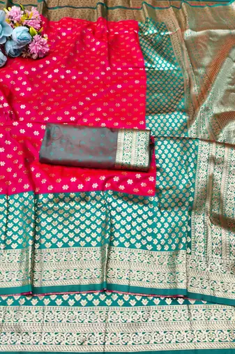 rani pink zari woven banarasi silk blend traditional saree with blouse piece