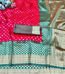rani pink zari woven banarasi silk blend traditional saree with blouse piece