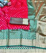 rani pink zari woven banarasi silk blend traditional saree with blouse piece