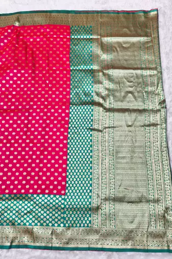 rani pink zari woven banarasi silk blend traditional saree with blouse piece