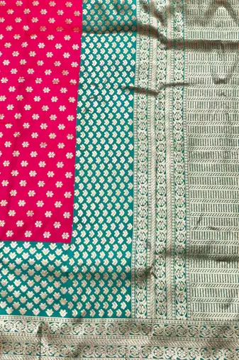 rani pink zari woven banarasi silk blend traditional saree with blouse piece