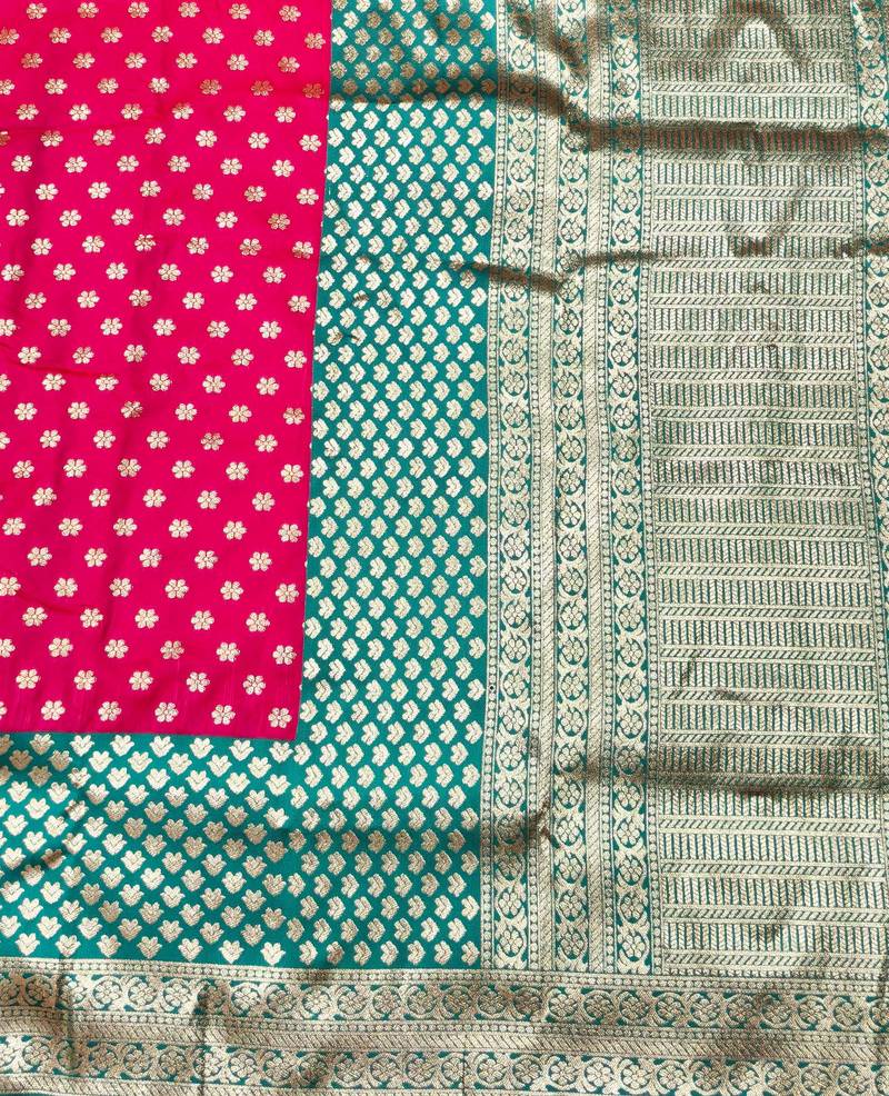 rani pink zari woven banarasi silk blend traditional saree with blouse piece