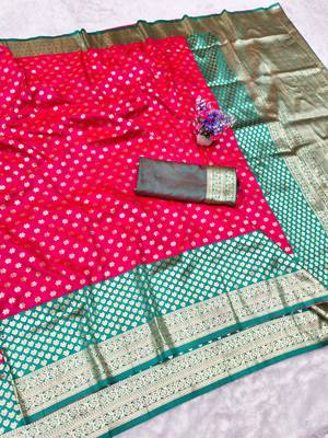 rani pink zari woven banarasi silk blend traditional saree with blouse piece 5