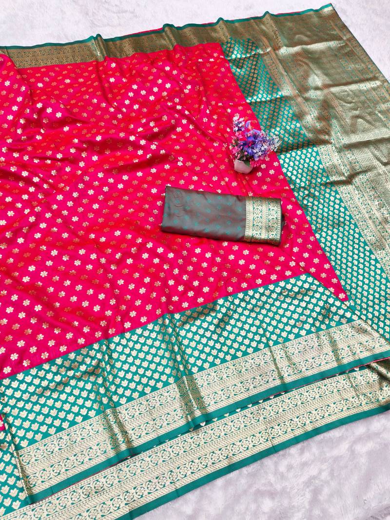 rani pink zari woven banarasi silk blend traditional saree with blouse piece