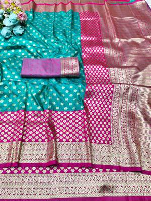 blue zari woven banarasi silk blend traditional saree with blouse piece 1