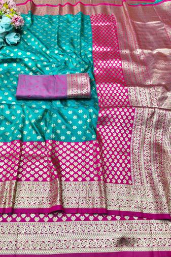 blue zari woven banarasi silk blend traditional saree with blouse piece