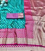 blue zari woven banarasi silk blend traditional saree with blouse piece