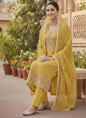 yellow embroidered glaze cotton unstitched dress material  2