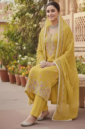 yellow embroidered glaze cotton unstitched dress material 