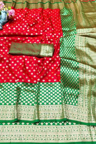 orange zari woven banarasi silk blend traditional saree with blouse piece