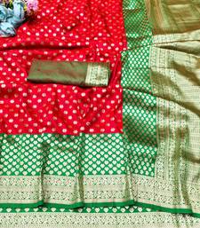 orange zari woven banarasi silk blend traditional saree with blouse piece