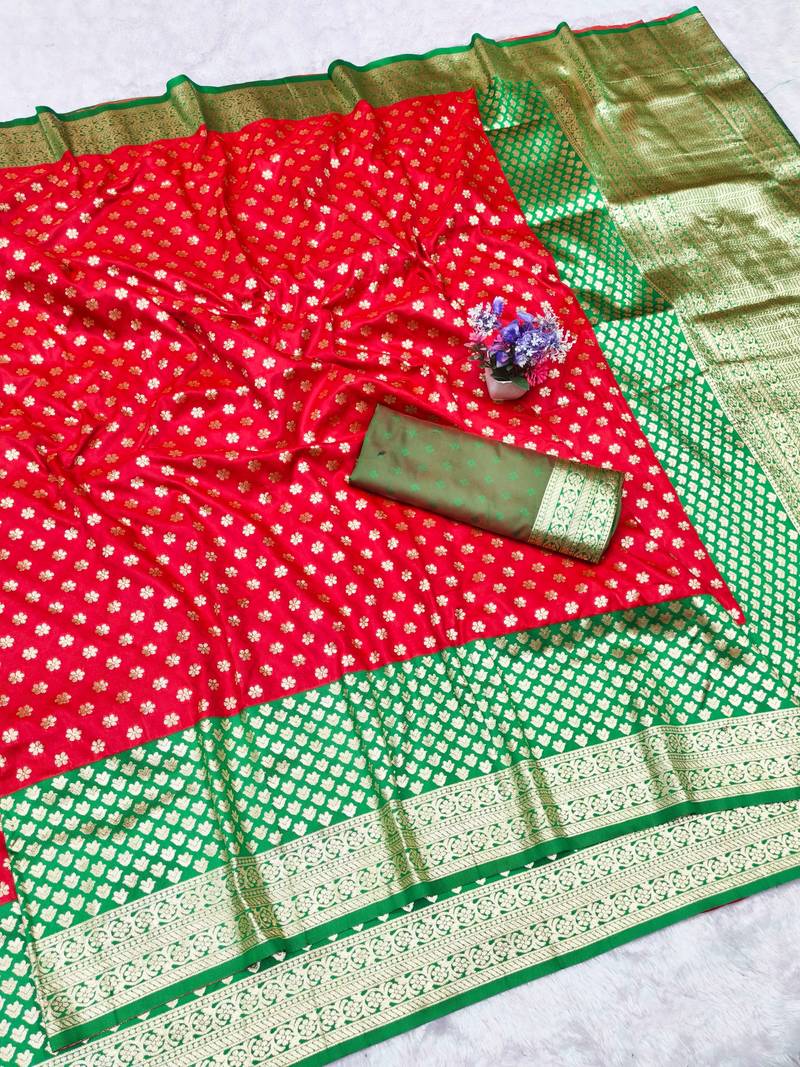 orange zari woven banarasi silk blend traditional saree with blouse piece