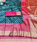 dark blue zari woven banarasi silk blend traditional saree with blouse piece