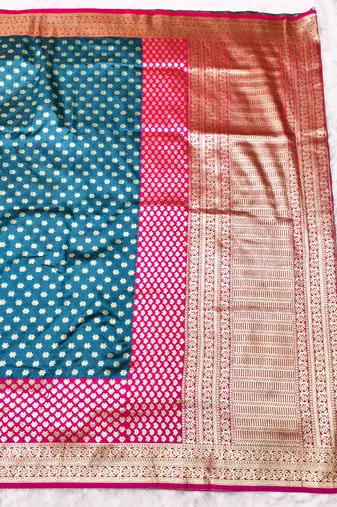 dark blue zari woven banarasi silk blend traditional saree with blouse piece