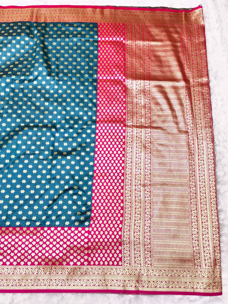dark blue zari woven banarasi silk blend traditional saree with blouse piece