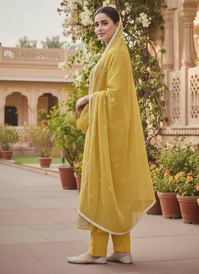 yellow embroidered glaze cotton unstitched dress material  3