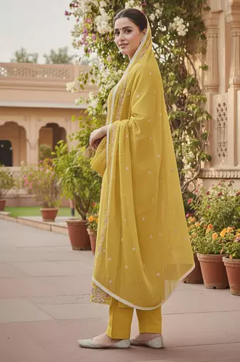 yellow embroidered glaze cotton unstitched dress material 