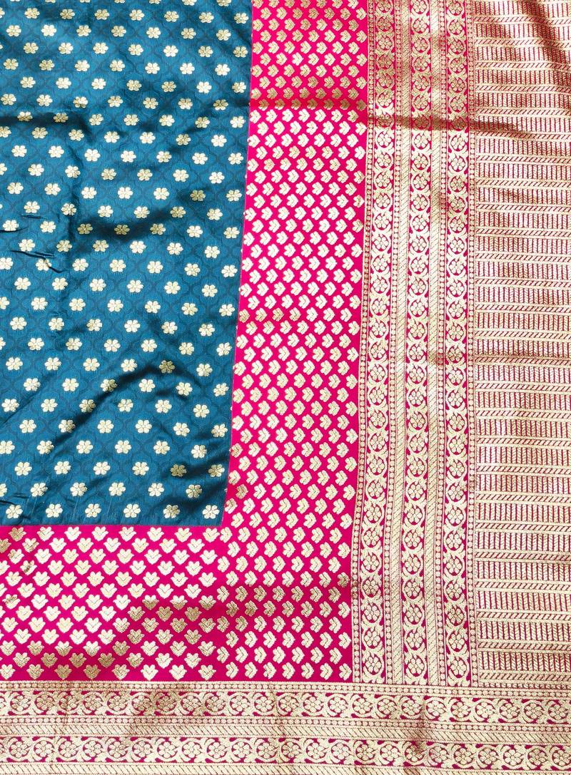 dark blue zari woven banarasi silk blend traditional saree with blouse piece