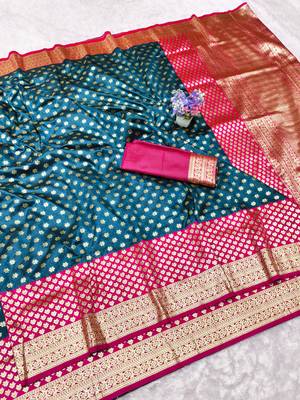 dark blue zari woven banarasi silk blend traditional saree with blouse piece 5