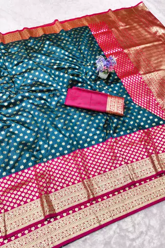 dark blue zari woven banarasi silk blend traditional saree with blouse piece