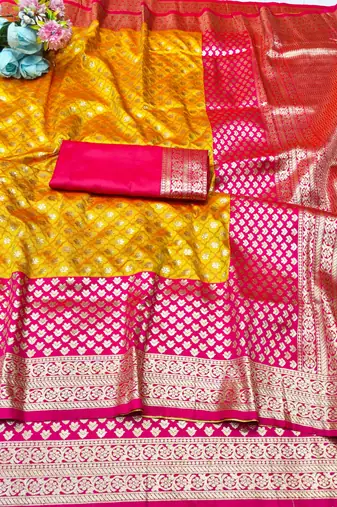 gold zari woven banarasi silk blend traditional saree with blouse piece