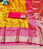 gold zari woven banarasi silk blend traditional saree with blouse piece