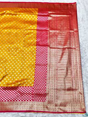 gold zari woven banarasi silk blend traditional saree with blouse piece 2