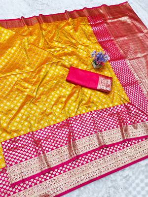 gold zari woven banarasi silk blend traditional saree with blouse piece 5