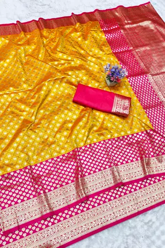gold zari woven banarasi silk blend traditional saree with blouse piece