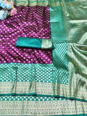 wine zari woven banarasi silk blend traditional saree with blouse piece 1