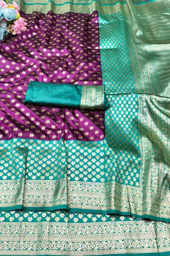 wine zari woven banarasi silk blend traditional saree with blouse piece