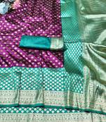 wine zari woven banarasi silk blend traditional saree with blouse piece