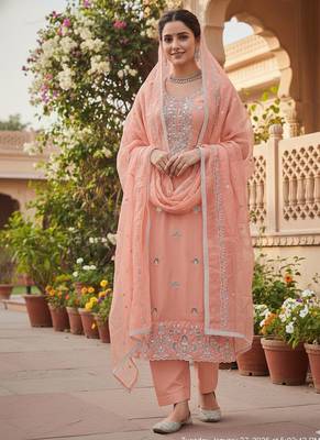 peach embroidered glaze cotton unstitched dress material  1