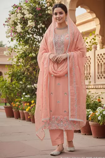 peach embroidered glaze cotton unstitched dress material 