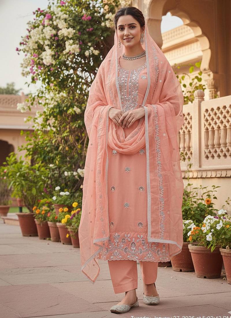 peach embroidered glaze cotton unstitched dress material 