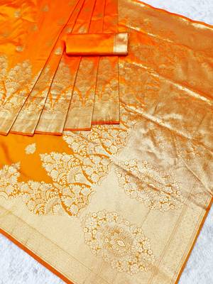 gold zari woven banarasi silk blend traditional saree with blouse piece 1