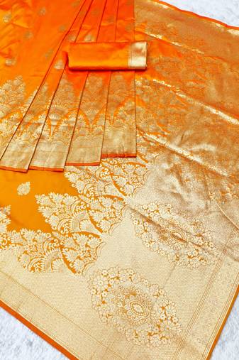 gold zari woven banarasi silk blend traditional saree with blouse piece