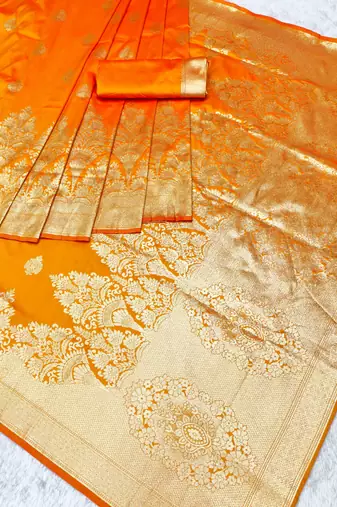 gold zari woven banarasi silk blend traditional saree with blouse piece