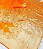 gold zari woven banarasi silk blend traditional saree with blouse piece